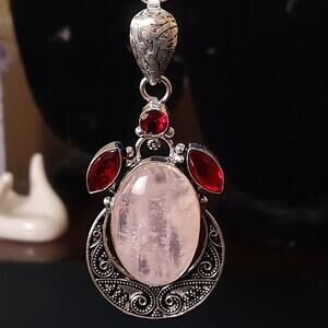 Rose Quartz Necklace Sterling Silver Garnet Accent Pendant 20 Inch Chain